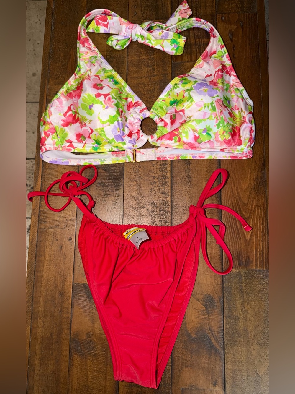 Two-Piece Floral & Red Tie-Side Swimsuit